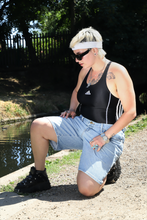 Load image into Gallery viewer, Adidas black and white stretch fit sleeveless swimming costume.