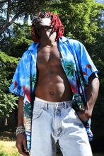 Load image into Gallery viewer, Blue beach scene with parrots Hawaiian shirt