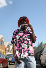 Load image into Gallery viewer, Black Hawaiian shirt with pink flowers