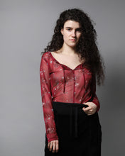 Load image into Gallery viewer, Rouge pink tie up mesh floral rose long sleeved top