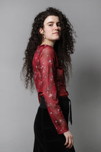 Load image into Gallery viewer, Rouge pink tie up mesh floral rose long sleeved top