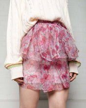 Load image into Gallery viewer, Pink floral pleated peplum high waisted mini skirt