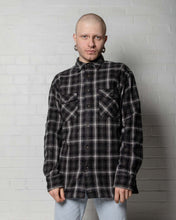 Load image into Gallery viewer, Black white grey long sleeved checked flannel shirt
