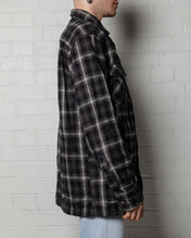 Load image into Gallery viewer, Black white grey long sleeved checked flannel shirt