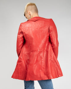 Red leather multi buckle up fitted coat