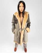 Load image into Gallery viewer, Club Voltaire grey patchwork denim fur-lined long coat
