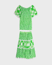 Load image into Gallery viewer, Green '70s Floral Blouse and Flared High Waisted Midi Skirt Set