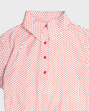 Load image into Gallery viewer, White with red polka dots shirt sleeved top and flared mid-length skirt set