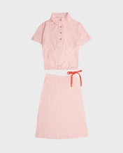 Load image into Gallery viewer, White with red polka dots shirt sleeved top and flared mid-length skirt set