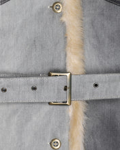 Load image into Gallery viewer, Club Voltaire grey patchwork denim fur-lined long coat