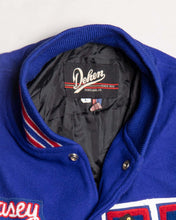 Load image into Gallery viewer, SPARTANS BLUE/WHITE LEATHER OVERSIZED FIT LONG SLEEVES VARSITY JACKET collar label