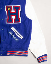 Load image into Gallery viewer, SPARTANS BLUE/WHITE LEATHER OVERSIZED FIT LONG SLEEVES VARSITY JACKET LEFT POCKET