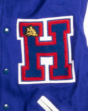 Load image into Gallery viewer, SPARTANS BLUE/WHITE LEATHER OVERSIZED FIT LONG SLEEVES VARSITY JACKET H LOGO