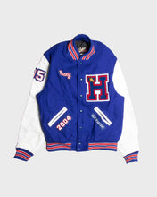 Load image into Gallery viewer, SPARTANS BLUE/WHITE LEATHER OVERSIZED FIT LONG SLEEVES VARSITY JACKET