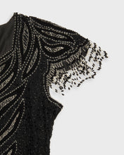 Load image into Gallery viewer, Black and silver sequin '80s fringed party dress