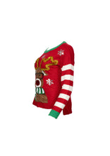 Load image into Gallery viewer, Multicoloured Striped red tinsel Reindeer jumper