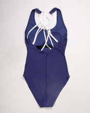Load image into Gallery viewer, Adidas navy stretch fit criss-cross back strap swimming costume