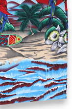 Load image into Gallery viewer, Blue beach scene with parrots Hawaiian shirt
