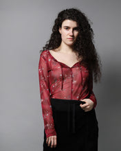 Load image into Gallery viewer, Rouge pink tie up mesh floral rose long sleeved top
