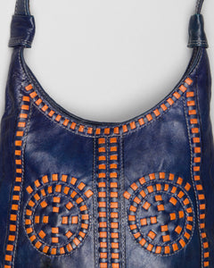 Navy orange boho patterned leather bag