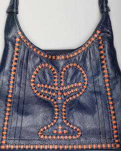 Navy orange boho patterned leather bag
