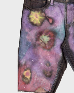 Customised 'space gypsy' purple tie-dye denim jean shorts