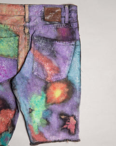 Customised 'space gypsy' purple tie-dye denim jean shorts