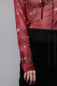 Rouge pink tie up mesh floral rose long sleeved top