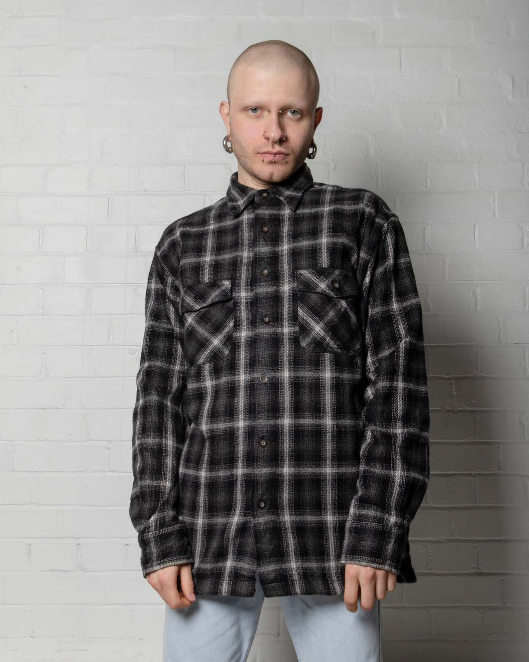 Black white grey long sleeved checked flannel shirt