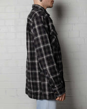 Load image into Gallery viewer, Black white grey long sleeved checked flannel shirt
