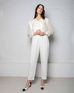 Cream jaquard style '80s elegant mesh sleeves evening trouser suit