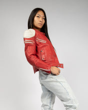 Load image into Gallery viewer, RED AND WHITE LEATHER FITTED CROPPED MOTORCYCLE JACKET WITH SHOULDER PADS
