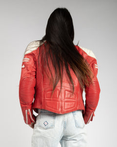 RED AND WHITE LEATHER FITTED CROPPED MOTORCYCLE JACKET WITH SHOULDER PADS