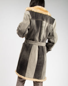 Club Voltaire grey patchwork denim fur-lined long coat