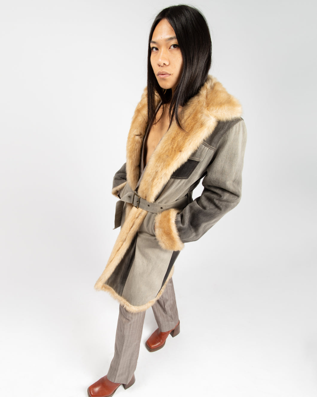 Club Voltaire grey patchwork denim fur-lined long coat