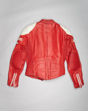 Load image into Gallery viewer, RED AND WHITE LEATHER FITTED CROPPED MOTORCYCLE JACKET WITH SHOULDER PADS
