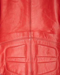 RED AND WHITE LEATHER FITTED CROPPED MOTORCYCLE JACKET WITH SHOULDER PADS