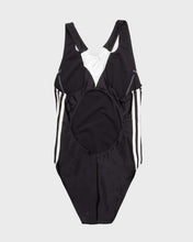Load image into Gallery viewer, Adidas black and white stretch fit sleeveless swimming costume.
