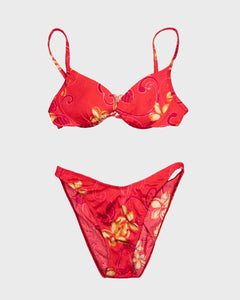 Red stretch fit two-piece bikini with gold flowers