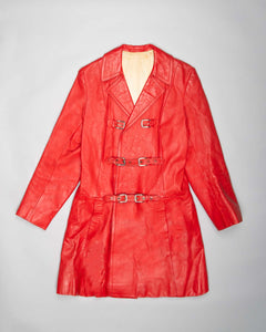 Red leather multi buckle up fitted coat