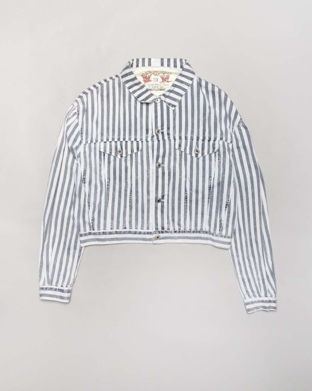 TSW grey/white vertical striped cropped casual fit denim jacket