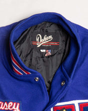 Load image into Gallery viewer, SPARTANS BLUE/WHITE LEATHER OVERSIZED FIT LONG SLEEVES VARSITY JACKET collar label
