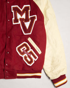 '90s Red Leather Oversized Long Sleeved Varsity Jacket closeup