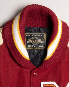 '90s Red Leather Oversized Long Sleeved Varsity Jacket collar