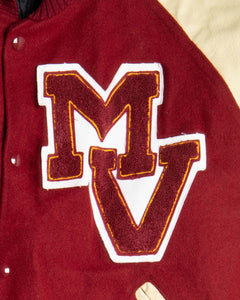 '90s Red Leather Oversized Long Sleeved Varsity Jacket logo