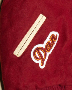 '90s Red Leather Oversized Long Sleeved Varsity Jacket pocket