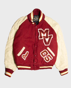 '90s Red Leather Oversized Long Sleeved Varsity Jacket
