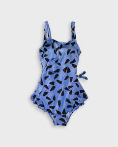 Light blue printed tie up one-piece swimsuit