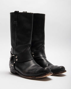 BLACK LEATHER LOW HEEL MID-CALF BIKER BOOTS