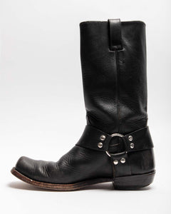 BLACK LEATHER LOW HEEL MID-CALF BIKER BOOTS